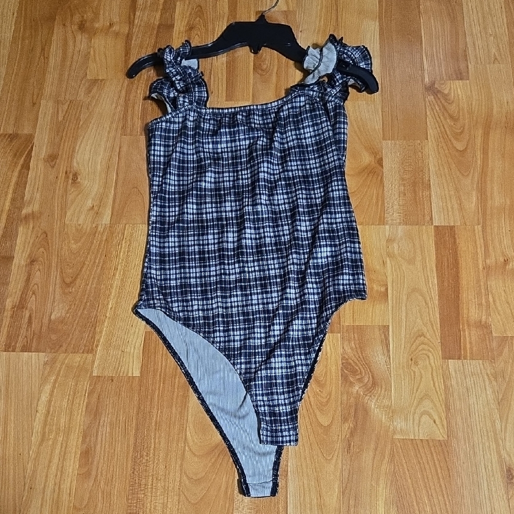 Black and Cream Plaid Ruffled Strap Bodysuit